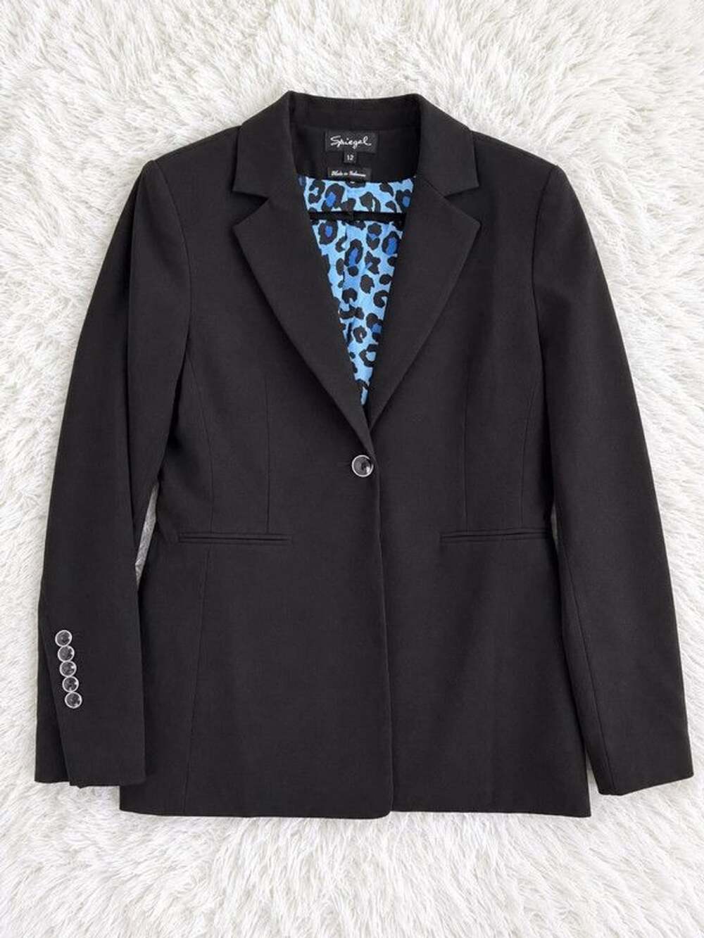 Vintage Spiegel Y2K Black Fitted Blazer Leopard Print Lining Size 12